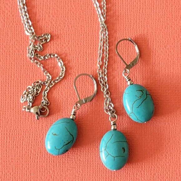 TURQUOISE HOWLITE Stainless Steel Gemstone Chain Necklace 18" Earrings SET - Picture 7 of 9